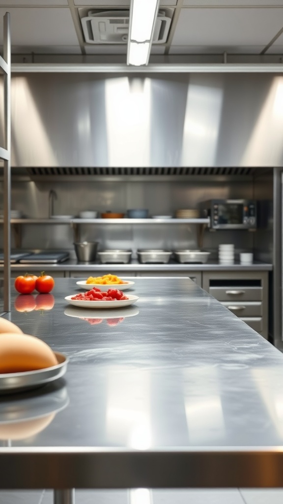 An industrial kitchen featuring a stainless steel countertop with fresh ingredients arranged on plates.
