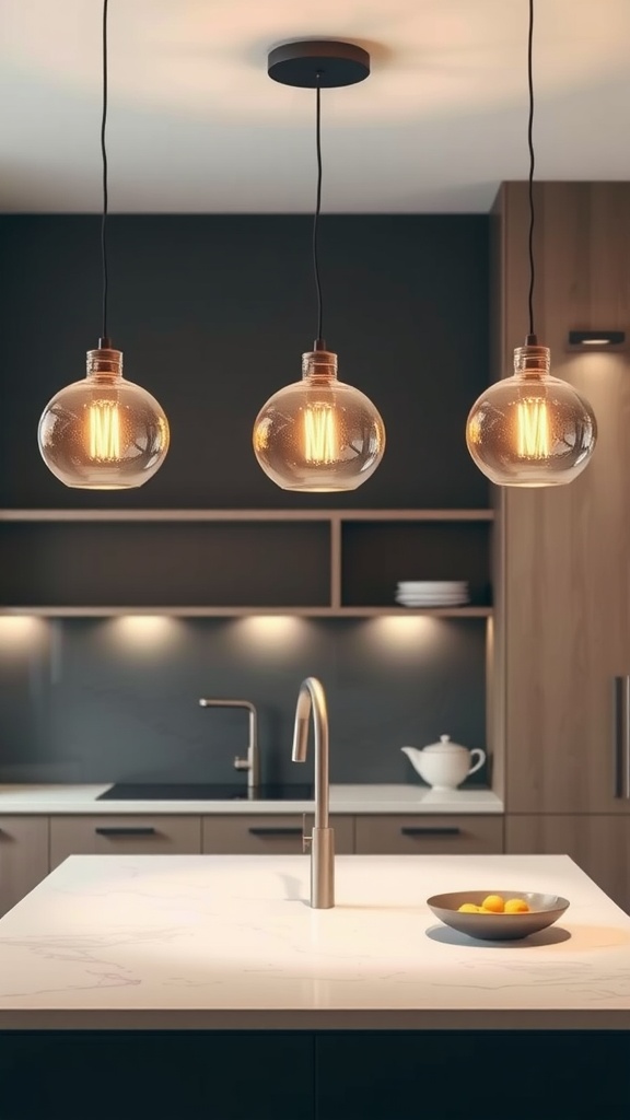 Three modern pendant lighting fixtures hanging above a kitchen island.