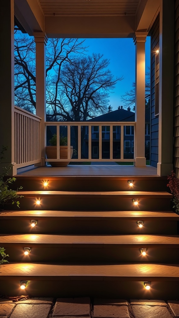 Front porch steps illuminated with built-in lighting, showcasing a warm and inviting atmosphere.