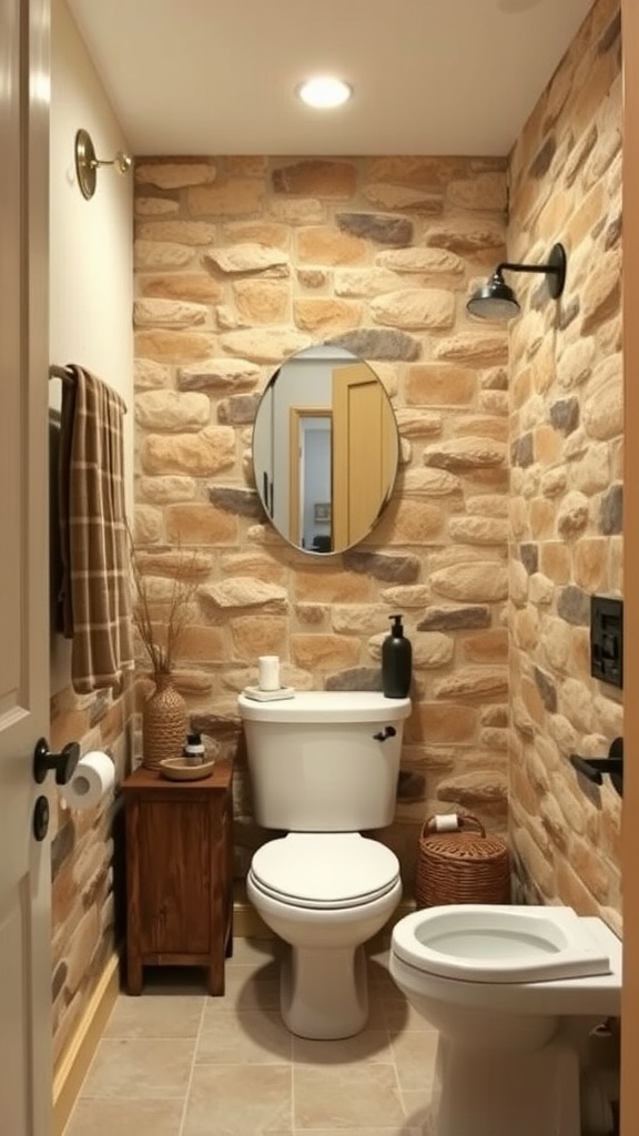 Small bathroom with a stone wall, round mirror, toilet, and wooden accessories.