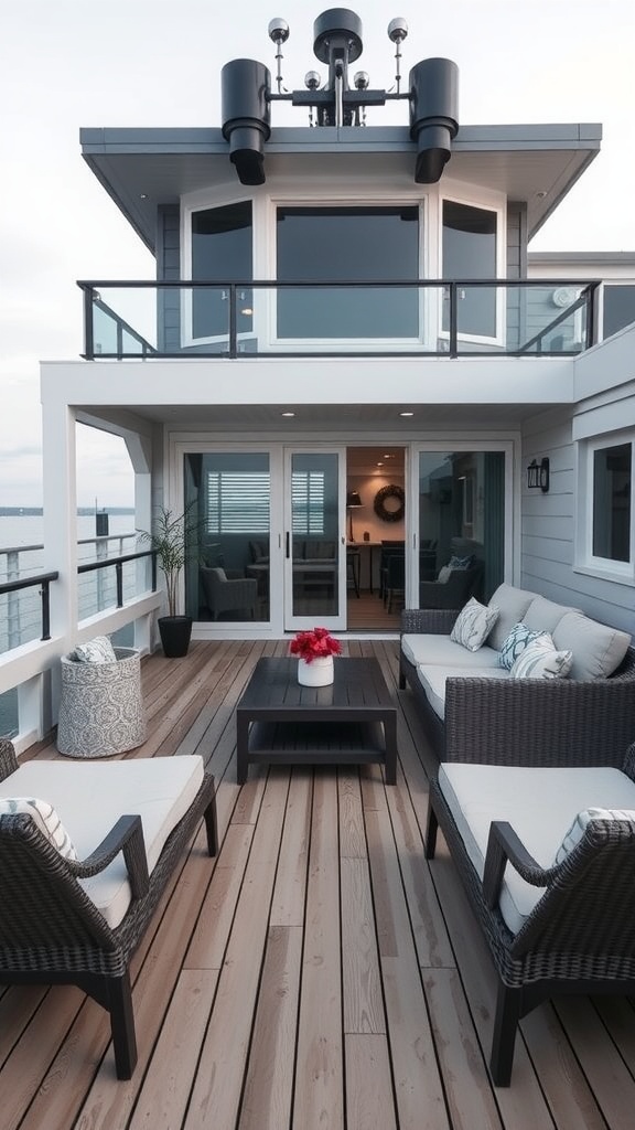 Stylish outdoor deck with lounge furniture and decorative flowers