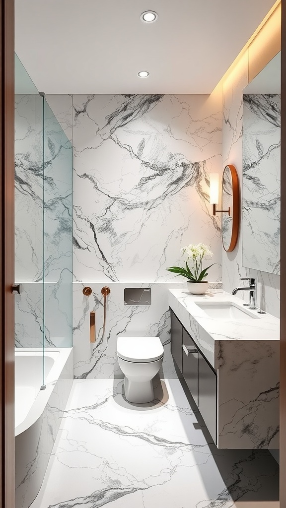 Stylish bathroom with elegant marble accents, modern fixtures, and a touch of greenery