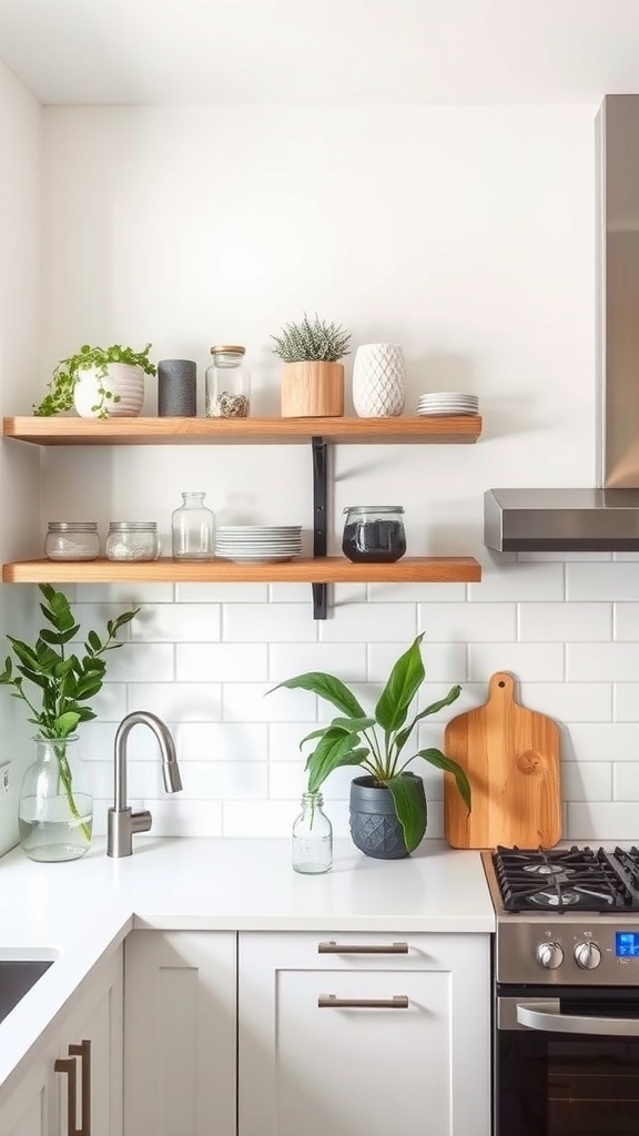 Stylish open shelving in a modern kitchen with wooden shelves, plants, and kitchenware
