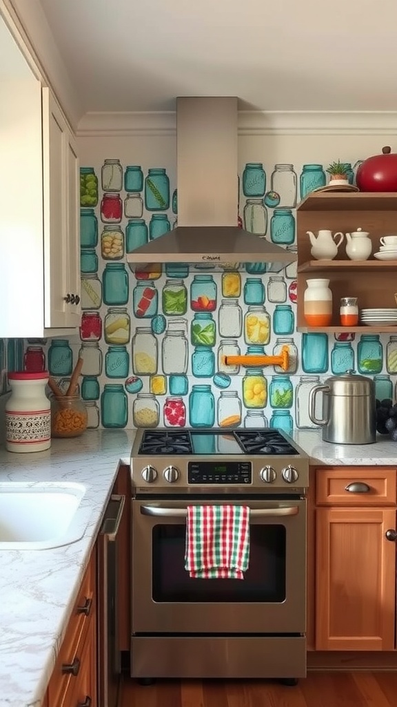 Colorful painted mason jars on a kitchen backsplash, creating a cheerful and inviting atmosphere