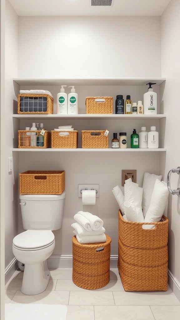A stylish bathroom storage solution featuring wicker baskets on shelves and neatly stacked towels.