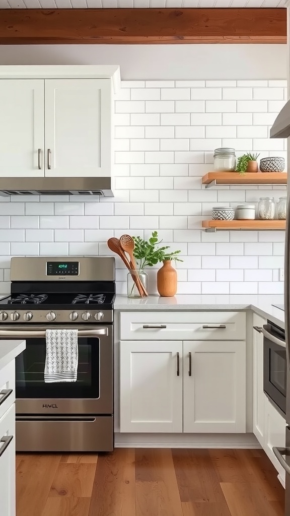 Farmhouse kitchen featuring a subway tile backsplash with white tiles and wooden shelves.