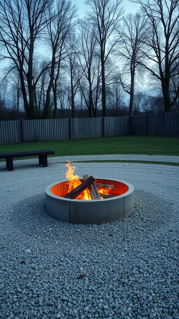 A fire pit surrounded by gravel with trees in the background