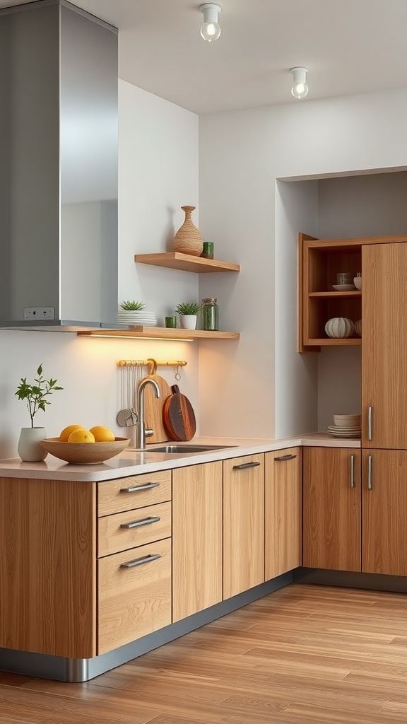 Modern kitchen with wood cabinetry and open shelving
