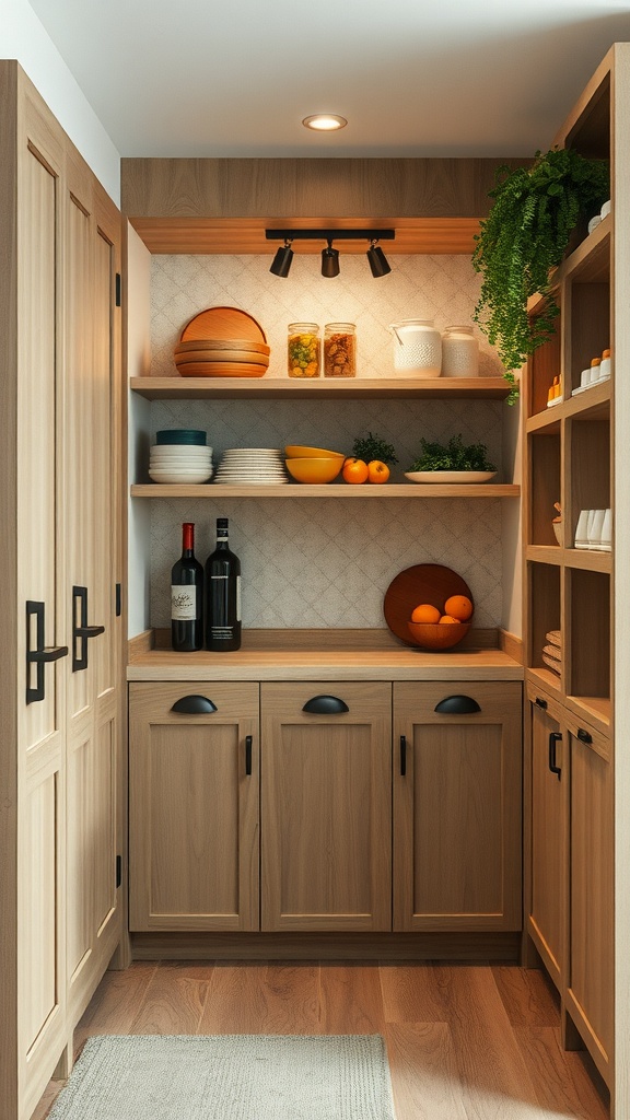 A well-organized wooden pantry featuring shelves with dishes and jars, complemented by fresh fruits and plants.