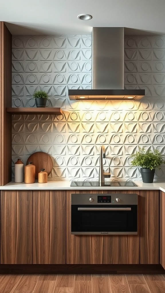A modern kitchen featuring textured 3D paneling as a backsplash, with wooden cabinets and an elegant design.