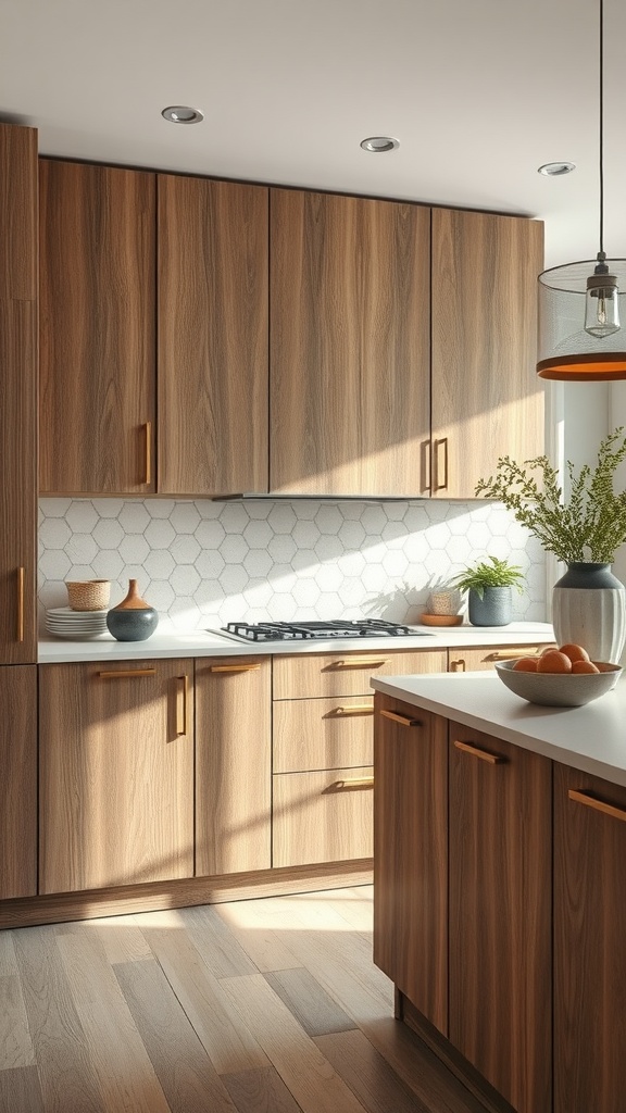 A modern kitchen featuring textured wooden cabinets, a hexagonal backsplash, and natural light.