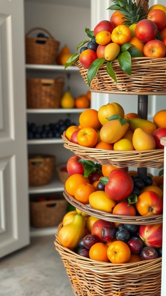 A three-tiered fruit basket filled with colorful fresh fruits like apples, oranges, and pears, set in a pantry with woven baskets in the background.
