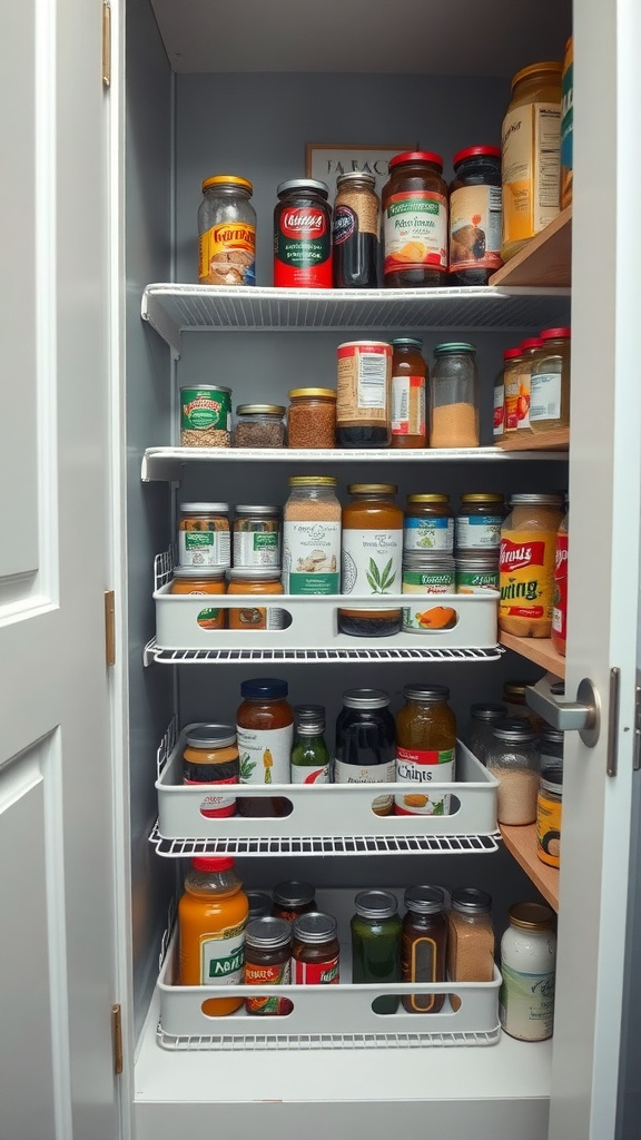 A neatly organized pantry featuring tiered organizers for jars and spices.