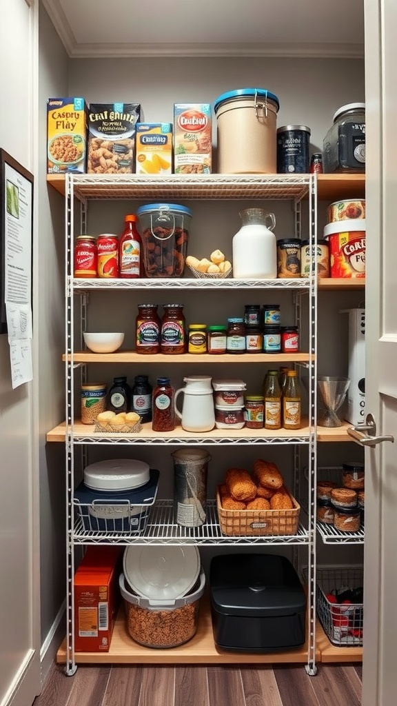 A tiered shelf system in a pantry displaying various food items, containers, and jars.