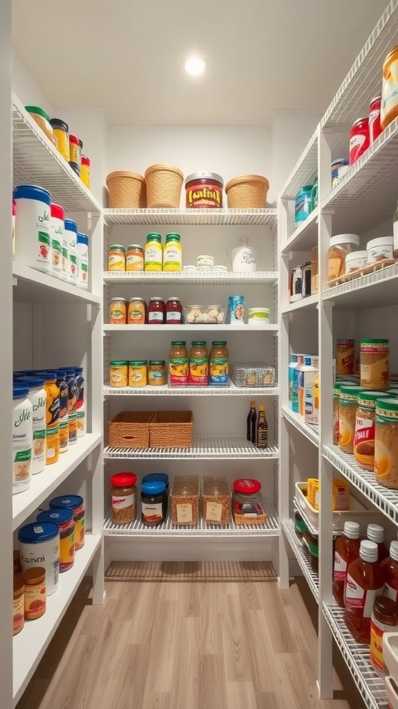 A well-organized pantry featuring tiered shelving with colorful jars and containers.