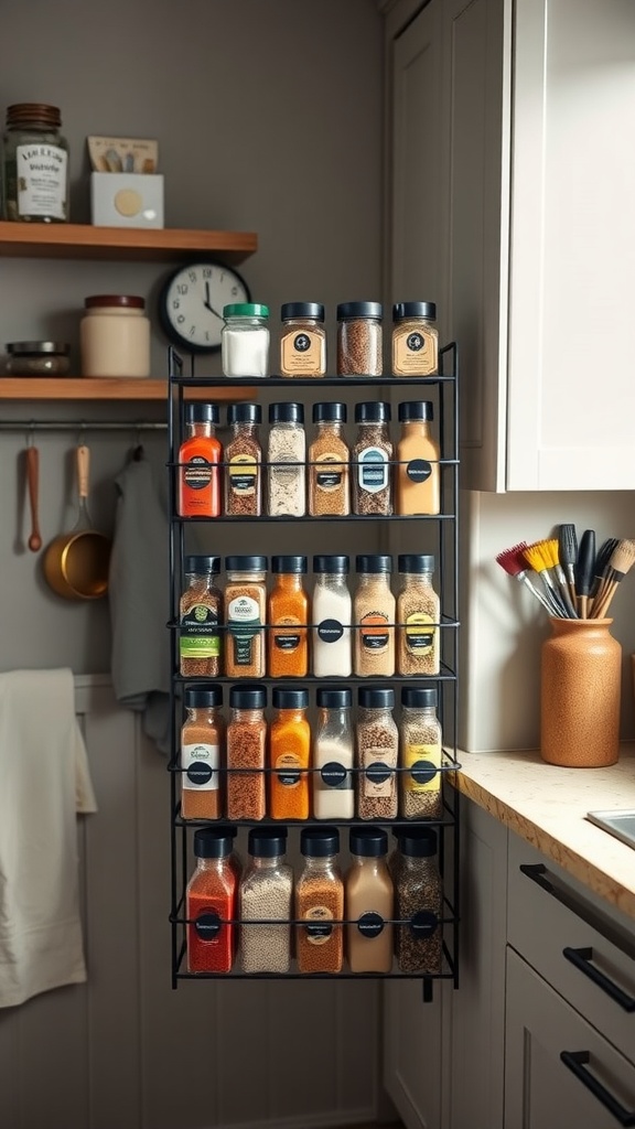 A tiered spice rack displaying various spices in labeled containers, organized for easy access.
