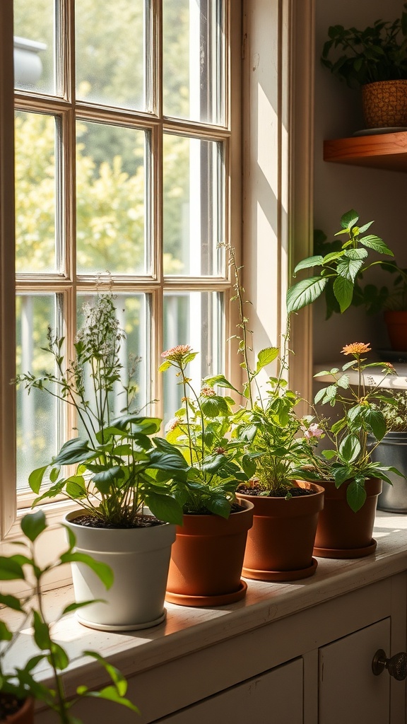 A sunny windowsill with various potted herbs, showcasing a traditional herb garden in a kitchen.