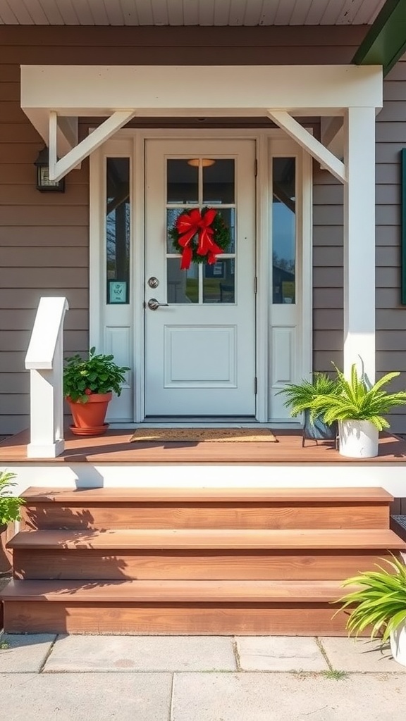 Traditional wooden steps leading to a front porch with a wreath on the door.