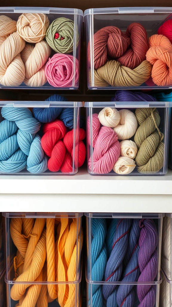 Colorful yarn stored in transparent bins