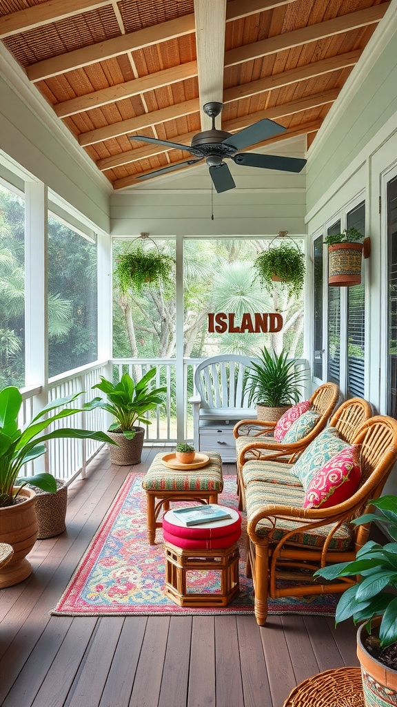 A tropical-themed screened porch with wicker furniture, colorful cushions, and lush plants.