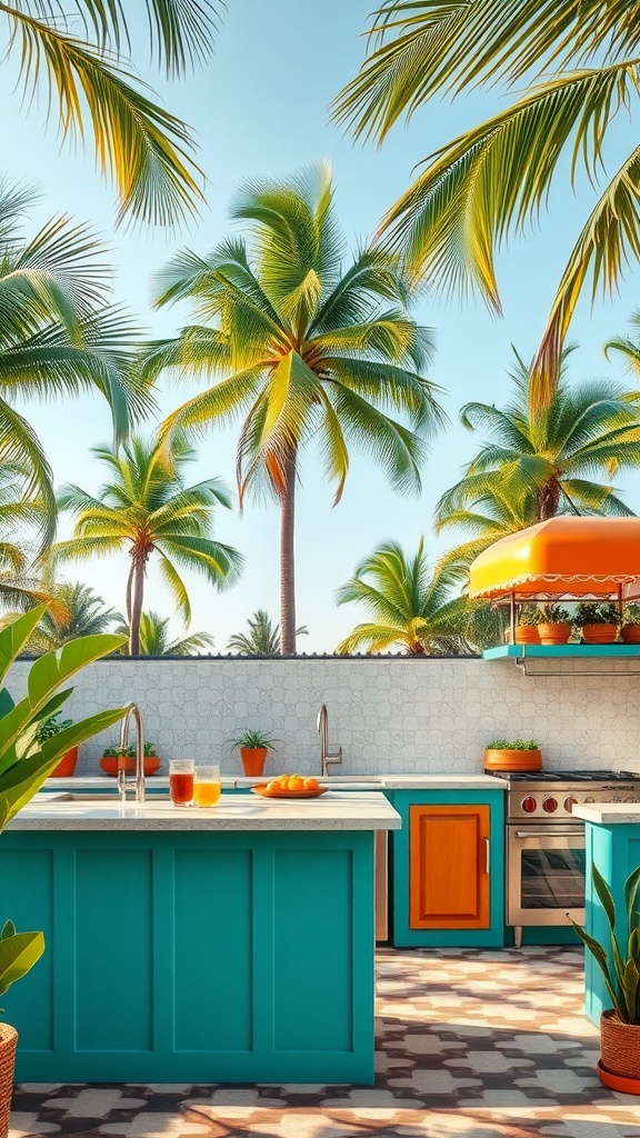 A bright tropical outdoor kitchen with turquoise cabinets, palm trees, and a sunny sky.