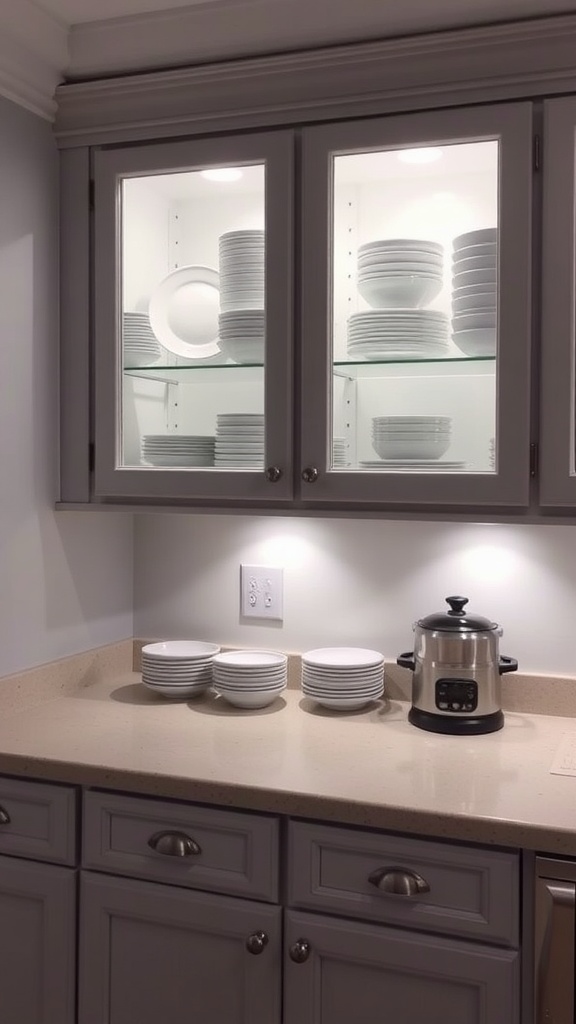 A kitchen with under-cabinet lighting showcasing organized dishware in glass cabinets and a small appliance on the countertop.