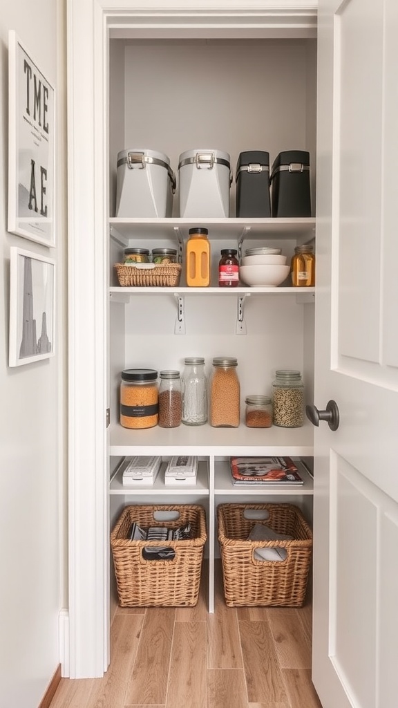 A well-organized small pantry featuring under-shelf baskets for additional storage.