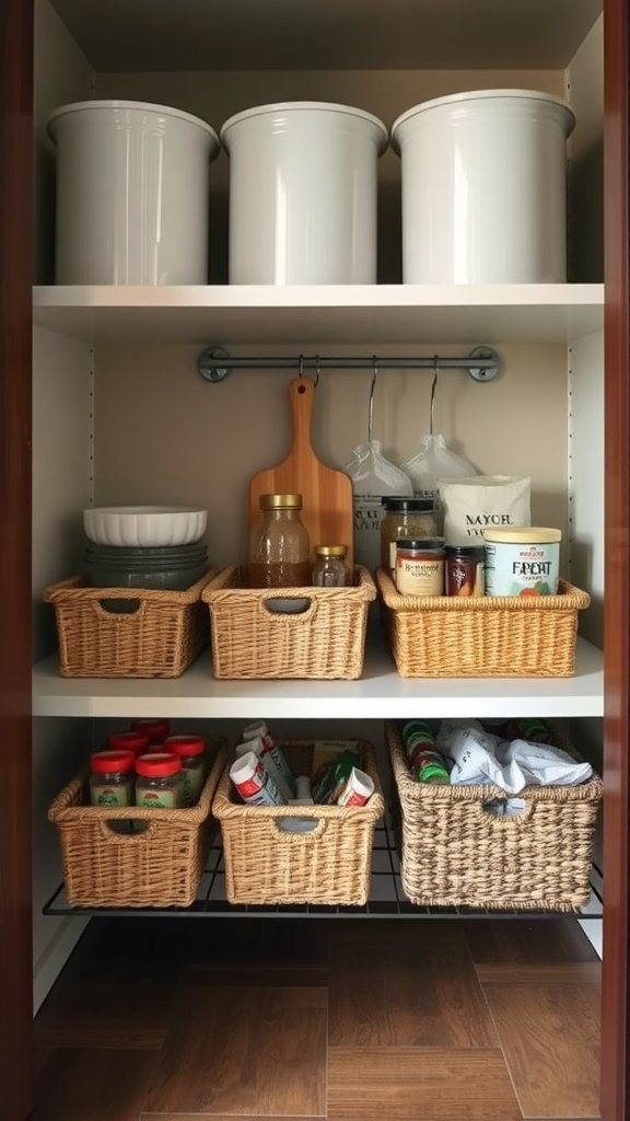 A neatly organized pantry with under-shelf baskets and storage containers.