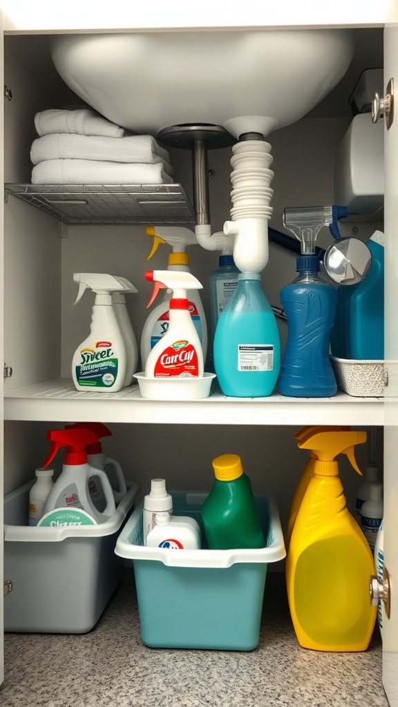 Organized under-sink kitchen cabinet with cleaning supplies and towels