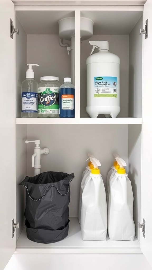 Organized under-sink cabinet with cleaning supplies and a black trash bin.