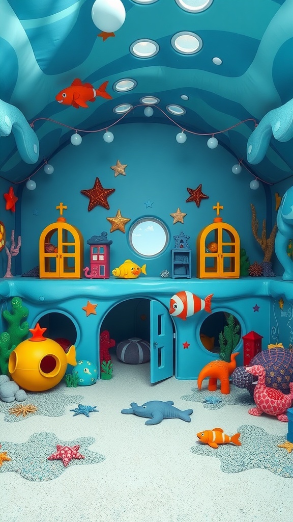 A colorful undersea-themed playhouse with playful designs, featuring fish, starfish, and a yellow submarine.