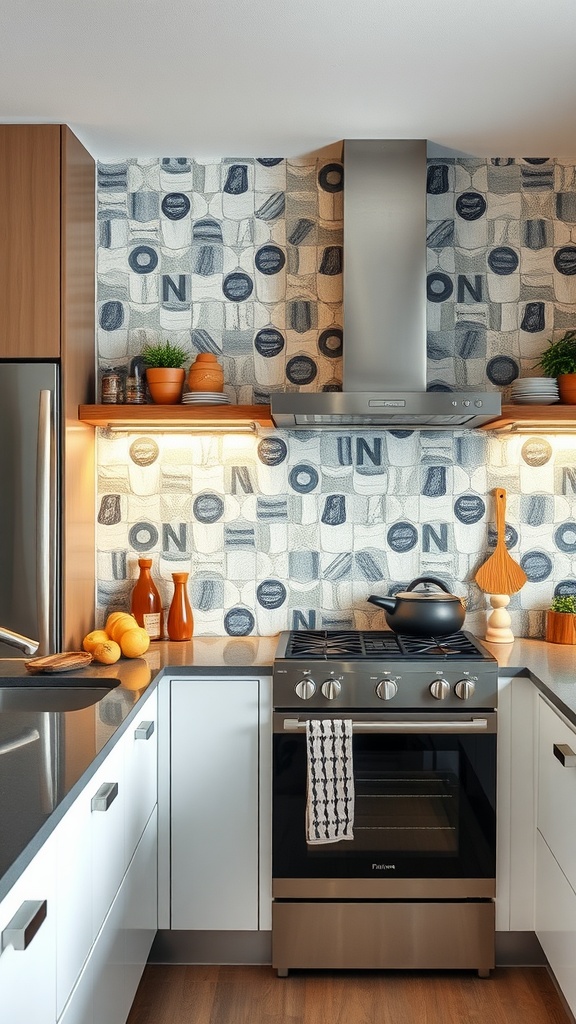 A modern kitchen featuring a unique patterned backsplash with blue and white tiles, alongside sleek cabinetry and appliances.