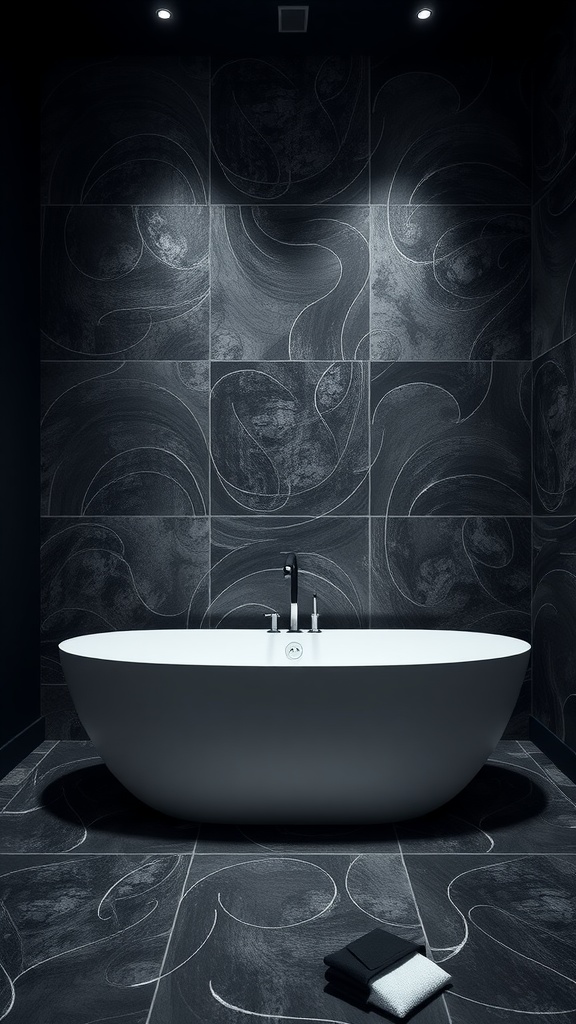 A modern, sleek bathtub in a stylish bathroom with black textured walls and artistic patterns.