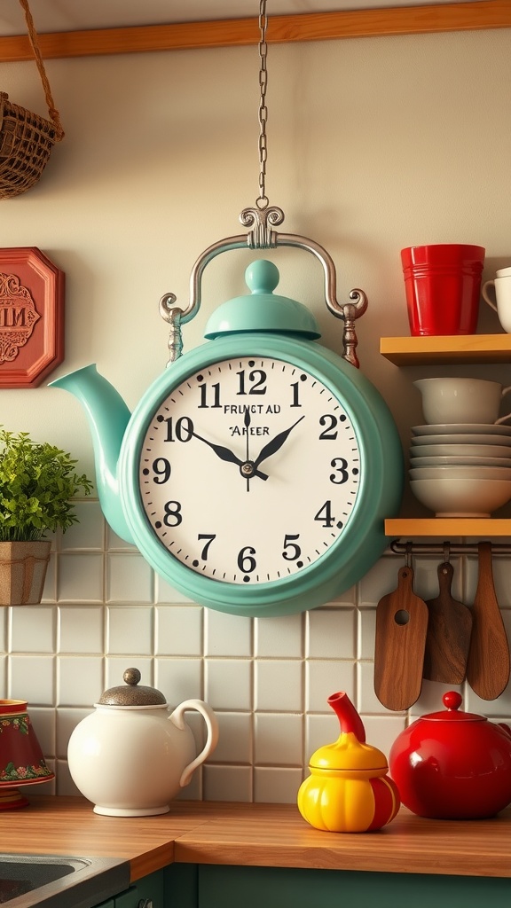 A whimsical teapot-shaped wall clock in a colorful kitchen setting.
