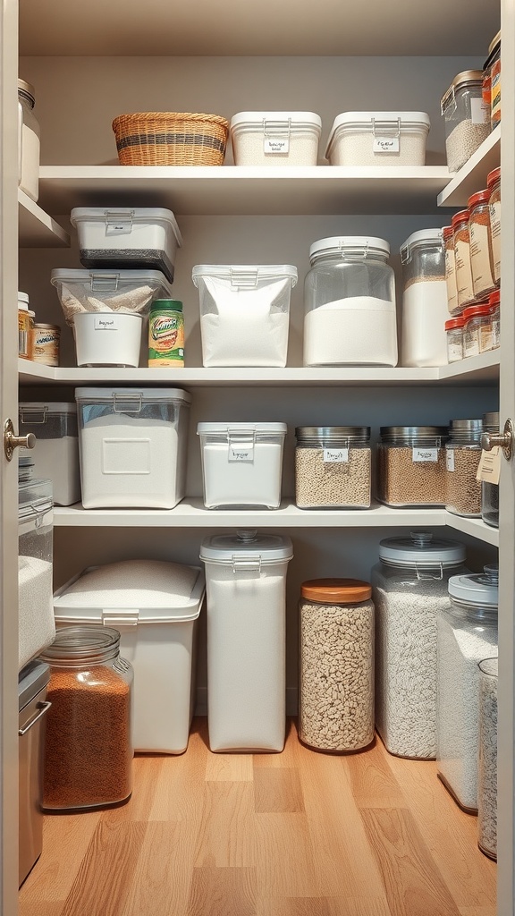 Organized pantry with clear containers for bulk storage