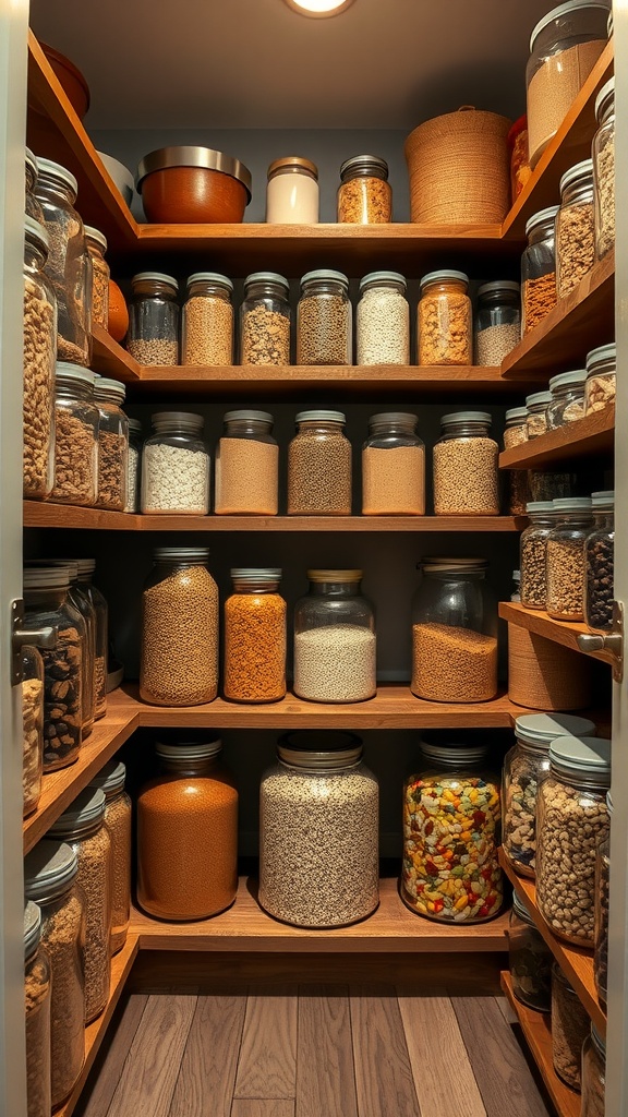 A pantry filled with neatly arranged jars containing bulk ingredients like grains, nuts, and spices.