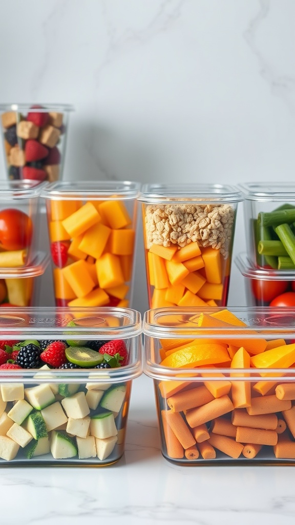 An array of clear containers filled with colorful fruits and vegetables, showing organized food storage.