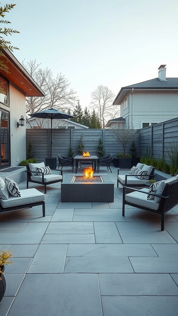 Modern outdoor space with a fire pit surrounded by pavers and seating