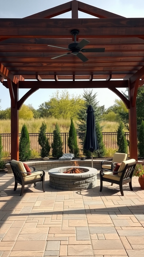 A fire pit area beneath a wooden pergola with comfortable seating.