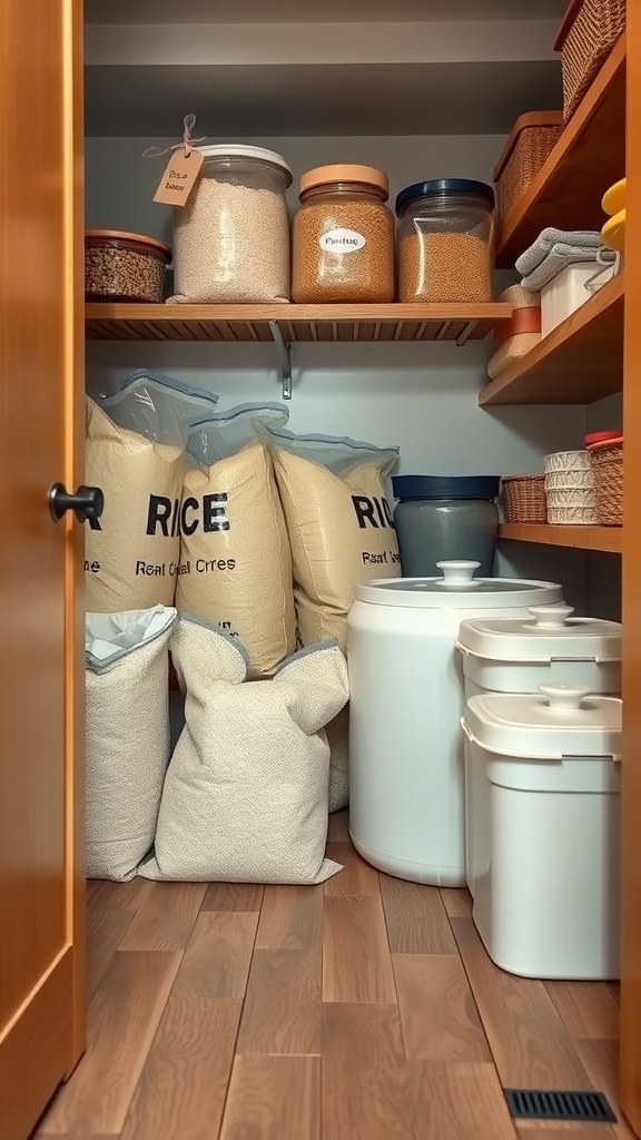 Pantry interior showing bags of rice and organized shelves with jars and containers.