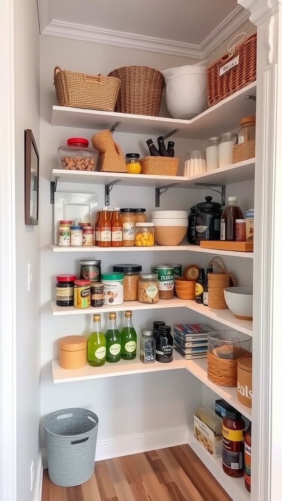 A well-organized pantry featuring corner shelves filled with various containers and jars.