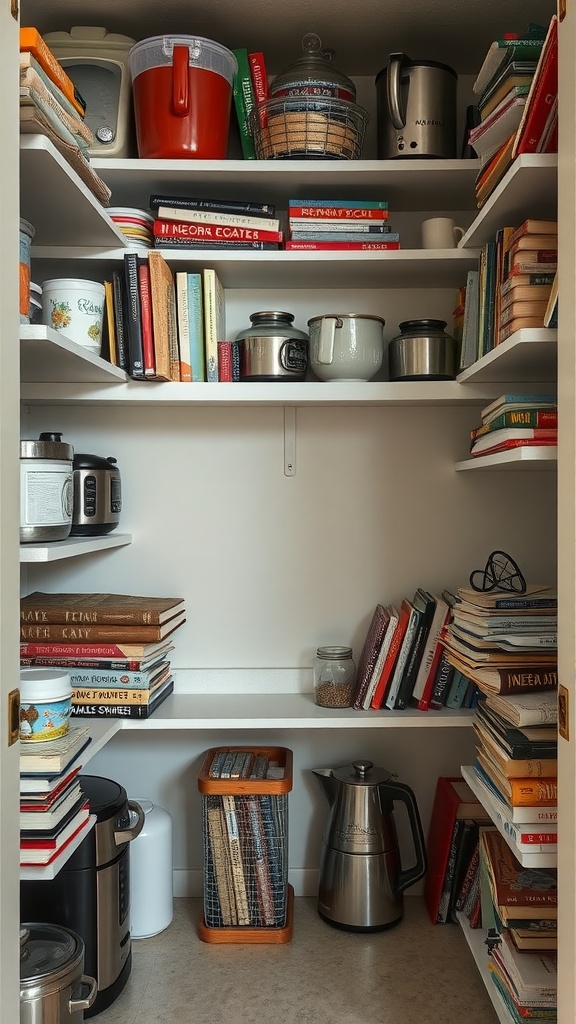 An organized pantry with shelves filled with cookbooks, kitchen gadgets, and containers.