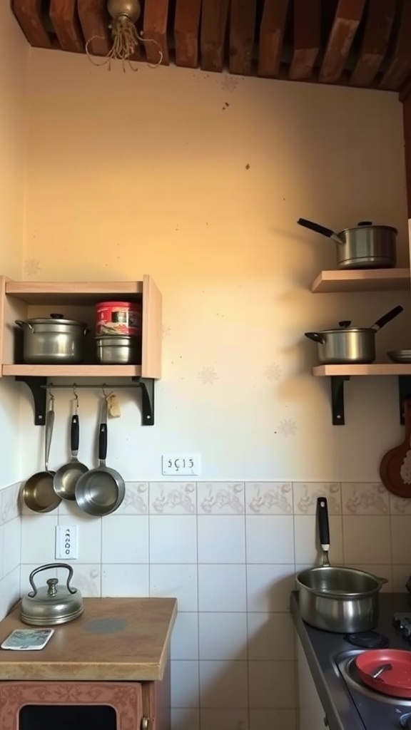 A compact Indian kitchen showing shelves and hooks for pots and utensils.