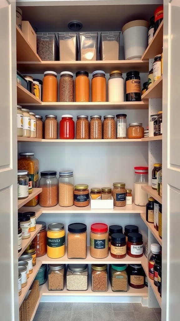 A well-organized small closet pantry with shelves filled with various jars and containers.