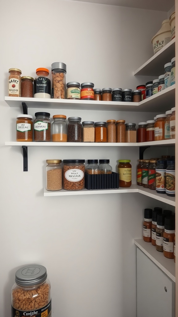 Organized pantry with wall-mounted shelves displaying various jars and containers.