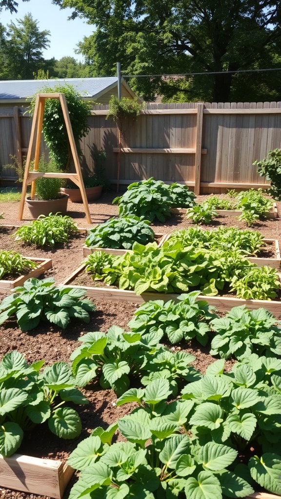 Lush vegetable garden beds with various green plants in a backyard setting.