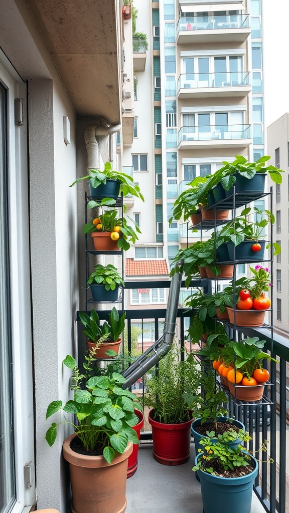 A vertical garden setup on a small balcony with various potted plants, including herbs and vegetables.