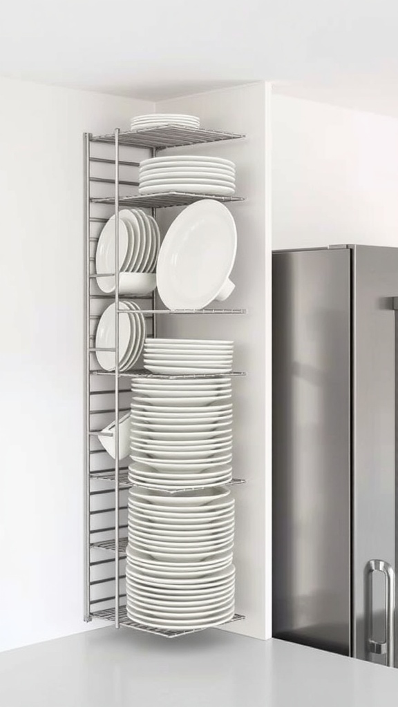 A modern vertical plate storage rack with neatly arranged white plates.