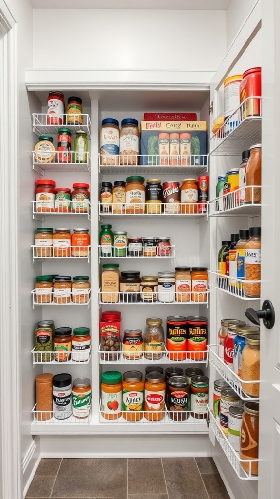 A well-organized wall pantry with vertical storage solutions featuring jars and containers on wire shelves.
