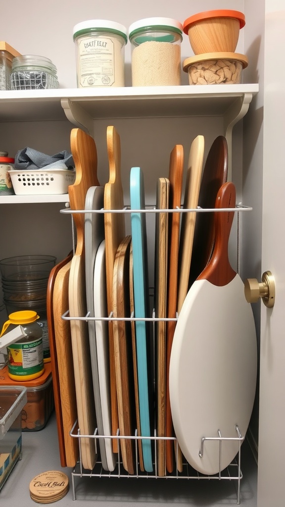 A vertical storage solution for baking sheets in a pantry, showcasing various sheets arranged in a wire rack.